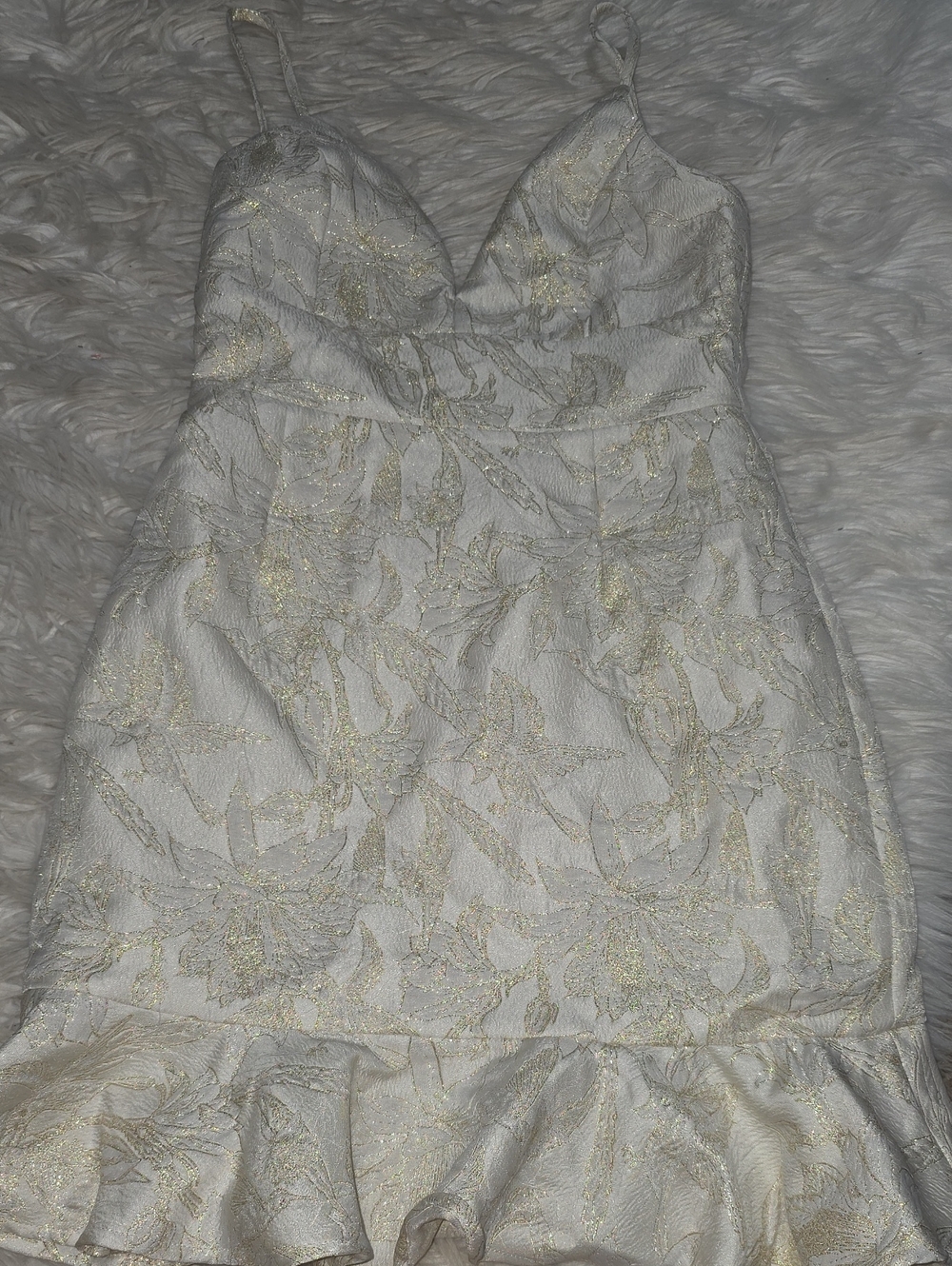 Lulus Gilded Floral Jacquard Ruffled Trumper Mini Dress- Size Small
